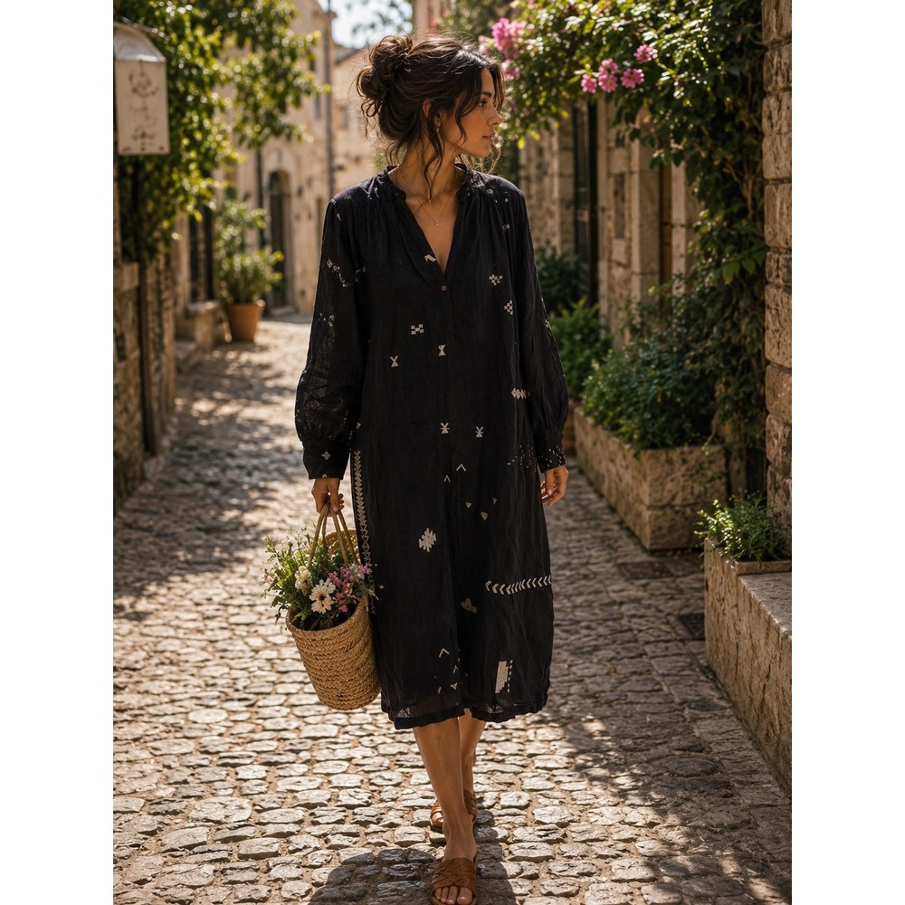 Black Embroidered Midi Dress - Lightweight Long Sleeve